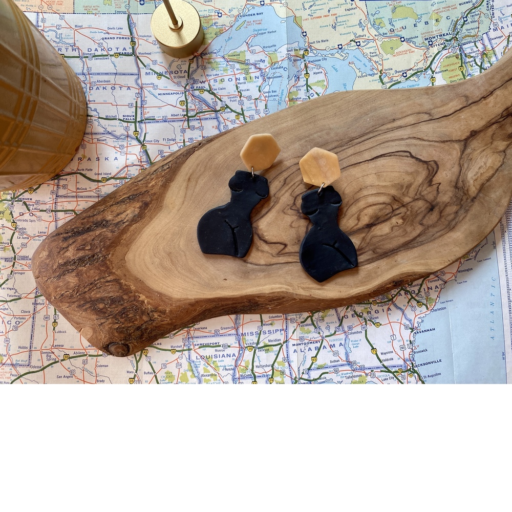 Handmade Clay Earrings | Forms of a Woman Silhouette | Black and Yellow
